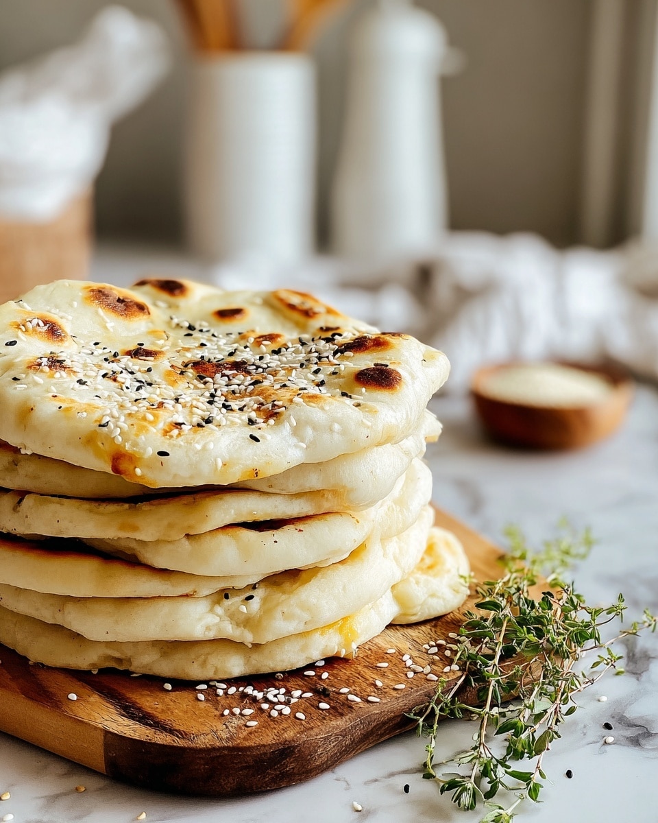 A stack of five flatbreads sits on a wooden board, each flatbread showing a soft, golden-brown texture with small charred spots and sprinkled with coarse salt and black pepper. The flatbreads have a slightly puffed and airy appearance with light wrinkles on their surface. Around the board, there are small green herb sprigs and scattered white seeds, adding fresh color and detail. In the background, there is a glass of milk and some blurred kitchen items on a white marbled texture surface, with a woman's hand partly visible on the left edge of the image. photo taken with an iphone --ar 4:5 --v 7