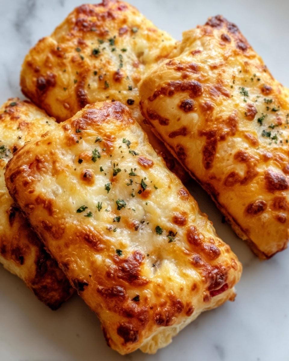 The image shows three golden-brown baked bread rolls with a shiny, slightly crispy crust covered in melted cheese that stretches over the top and sides. The cheese has browned spots and is sprinkled with dried green herbs. Inside the bread, there is a visible layer of tomato sauce and bits of red filling, hinting at a pizza or calzone style. The rolls are placed close together on a white plate, all sitting on a white marbled surface. Photo taken with an iphone --ar 4:5 --v 7