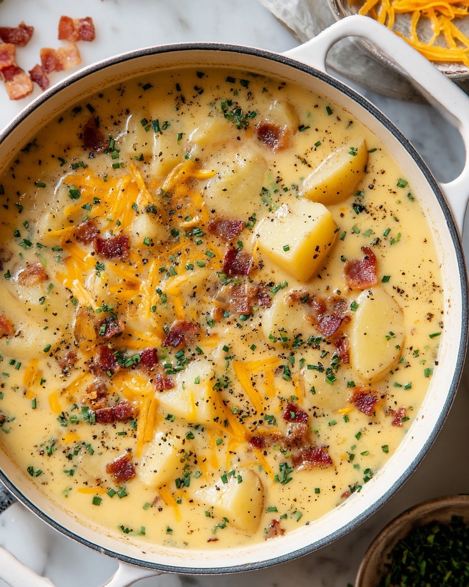 A thick creamy soup fills a white bowl with two handles, showing layers of light yellow creamy broth loaded with soft, pale yellow potato chunks scattered throughout. On top, there are small, crisped reddish-brown bacon bits spread evenly, along with finely chopped green herbs and thin strands of orange shredded cheese. Black pepper granules sprinkle the surface, adding tiny dark spots of contrast. The bowl rests on a natural textured cloth on a white marbled surface, with some bacon bits and herbs scattered nearby. photo taken with an iphone --ar 4:5 --v 7