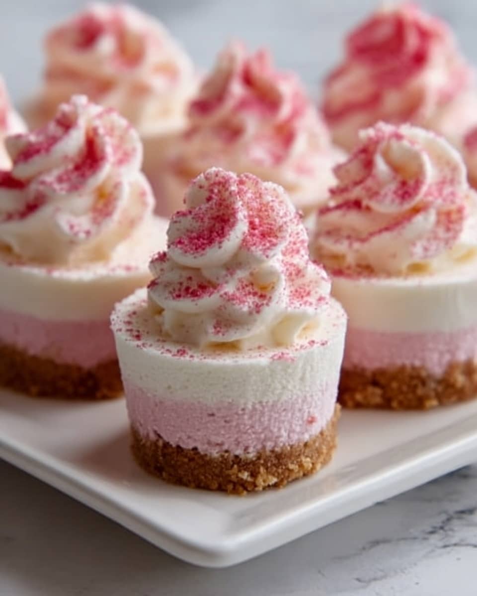 The image shows small cheesecake bites arranged on a white square plate, placed on a white marbled surface. Each cheesecake has three layers: a bottom layer of crumbly light brown cookie crust, a middle layer of smooth pink cheesecake, and a top layer of white whipped cream swirled elegantly with soft peaks. There is a sprinkle of crushed pink topping scattered over the whipped cream, adding a vibrant contrast. The cheesecakes are close together, filling the plate neatly, and the soft lighting highlights their creamy texture and delicate colors. photo taken with an iphone --ar 4:5 --v 7