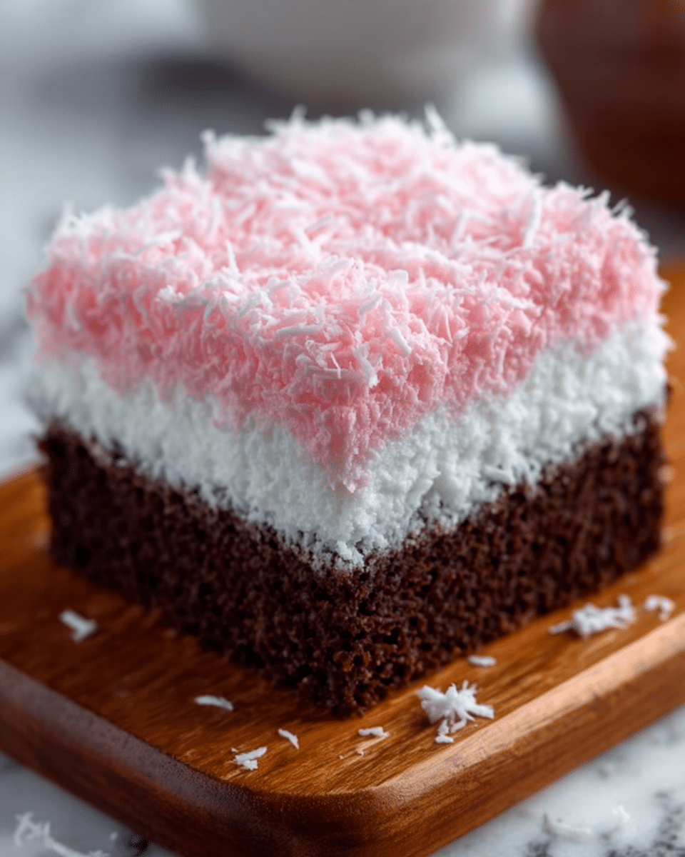 The image shows a three-layer square piece of cake placed on a wooden board. The bottom layer is thick, dark brown, and looks moist and chocolatey. The middle layer is white, fluffy, and creamy, creating a soft contrast with the dark base. The top layer is a light pink, finely shredded texture that looks like coconut or frosting, covering the entire surface. A few pink shreds are scattered on the wooden board around the cake. The background is a white marbled texture. Photo taken with an iphone --ar 4:5 --v 7