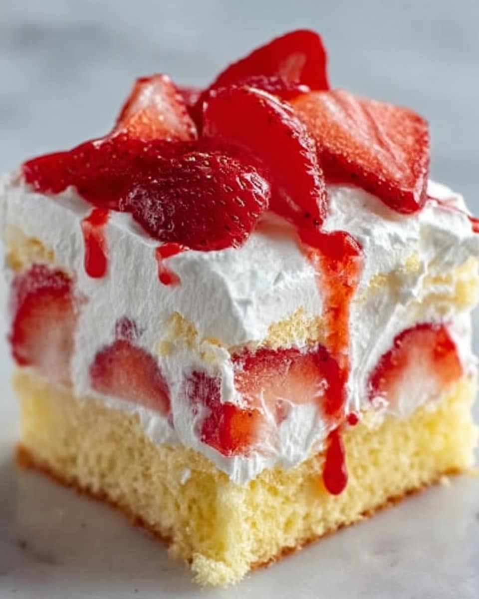 A close-up view of a three-layered dessert piece on a white marbled surface, each layer made of light yellow sponge cake. Between the layers, there is a thick spread of white cream mixed with red strawberry pieces. The top layer is covered with more white cream and decorated with neatly placed thin red strawberry slices shining with red syrup that slightly drips down the sides. The textures are soft and moist with vibrant red and white colors. The photo taken with an iphone --ar 4:5 --v 7