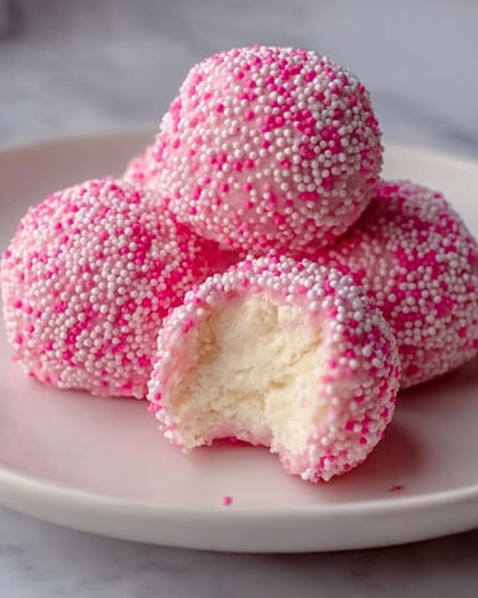 The image shows four round coconut balls on a white plate, with one of the balls partially bitten, revealing a soft, white, and fluffy inside texture. Each ball is covered in small, pink and white sugar sprinkles, giving them a crunchy exterior with a bright pink color dominating the coating. The plate sits on a white marbled surface that contrasts softly with the pink tones of the coconut balls. Photo taken with an iphone --ar 4:5 --v 7