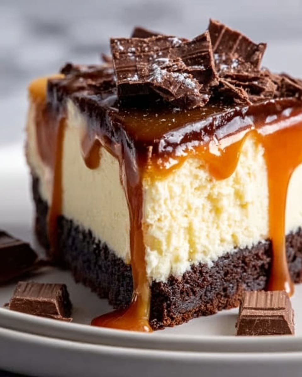 A slice of creamy cheesecake with three clear layers sits on a white plate over a white marbled surface. The bottom layer is thick and dark brown, with a crumbly texture, like crushed cookies. The middle layer is thick, smooth, and pale yellow, showing a soft creamy texture. The top layer is a thin, shiny caramel sauce flowing slowly down the sides, with several broken pieces of dark chocolate resting on top, adding a rough texture. A woman's hand is holding the plate from the side. Photo taken with an iphone --ar 4:5 --v 7