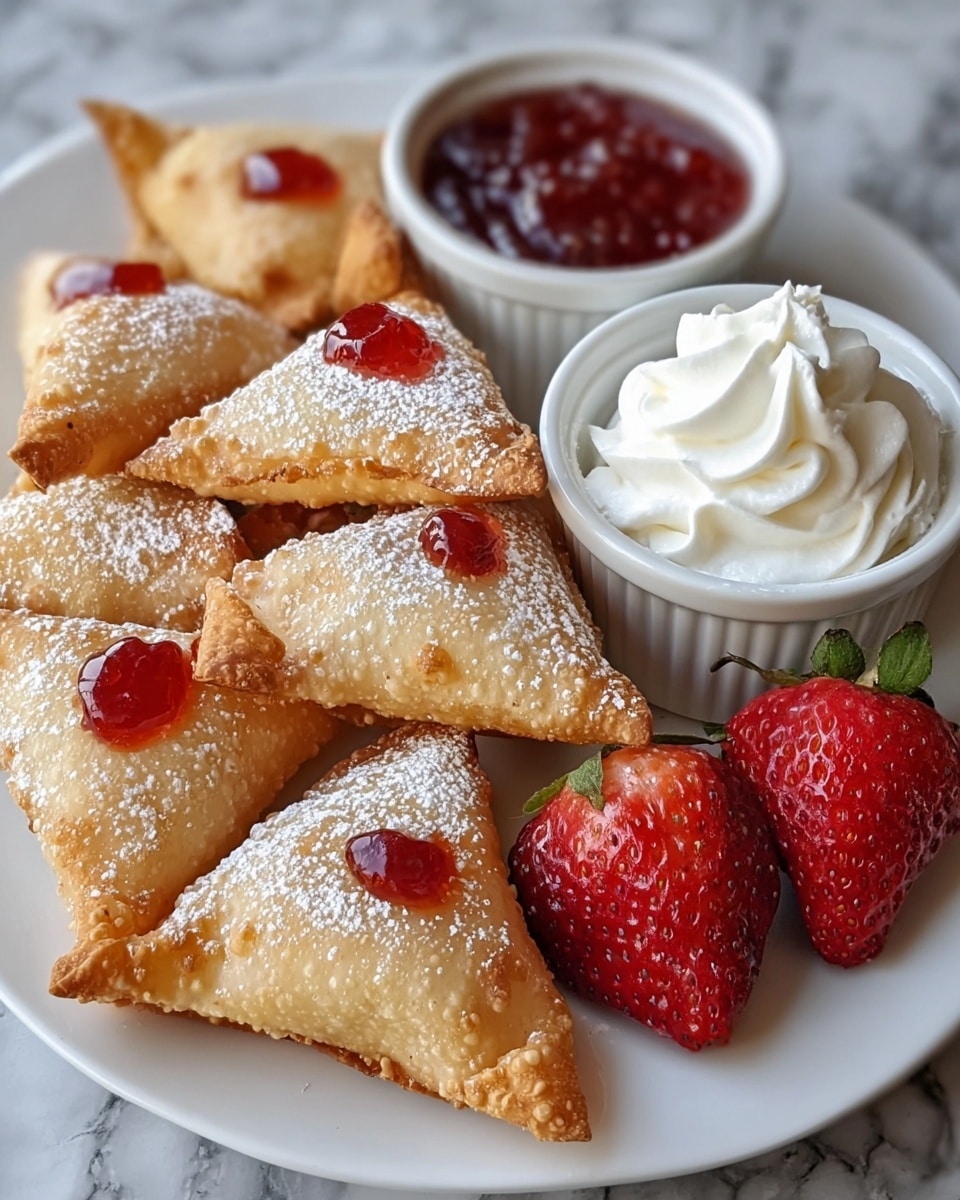 A white plate holds several golden brown, crispy triangular fried pastries dusted lightly with white powdered sugar and topped with small red jelly spots. To the side of the pastries, there are two red halves of a fresh strawberry with green leaves still attached, presented with visible seeds and juicy interiors. Behind the pastries, there are two small white cups, one filled with smooth white whipped cream and the other with a bright red jam. The whole scene rests on a white marbled textured surface photo taken with an iphone --ar 4:5 --v 7