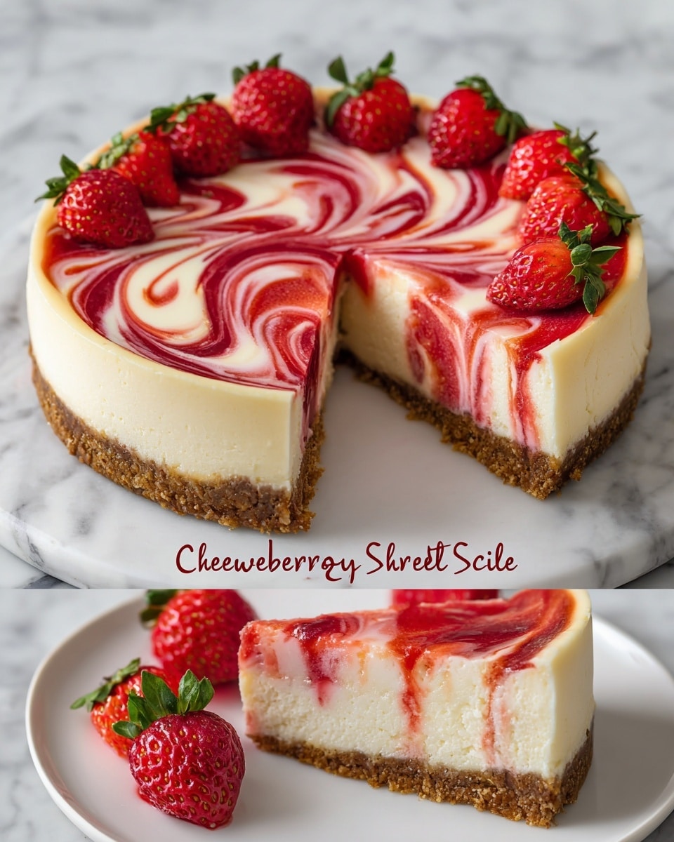 The image shows a strawberry swirl cheesecake with three visible layers on a white plate against a white marbled surface. The bottom layer is a thick, crumbly light brown crust. The middle layer is creamy and pale yellow, smooth in texture and about three times the height of the crust. The top layer features a marbled mix of white and bright red strawberry swirl, creating a wavy pattern that extends slightly down the sides. On top of the cheesecake, there are several whole and halved fresh strawberries that add a bright red and green contrast. A slice is cut out, revealing the layers clearly, with the red swirl continuing inside the cut area. Photo taken with an iphone --ar 4:5 --v 7