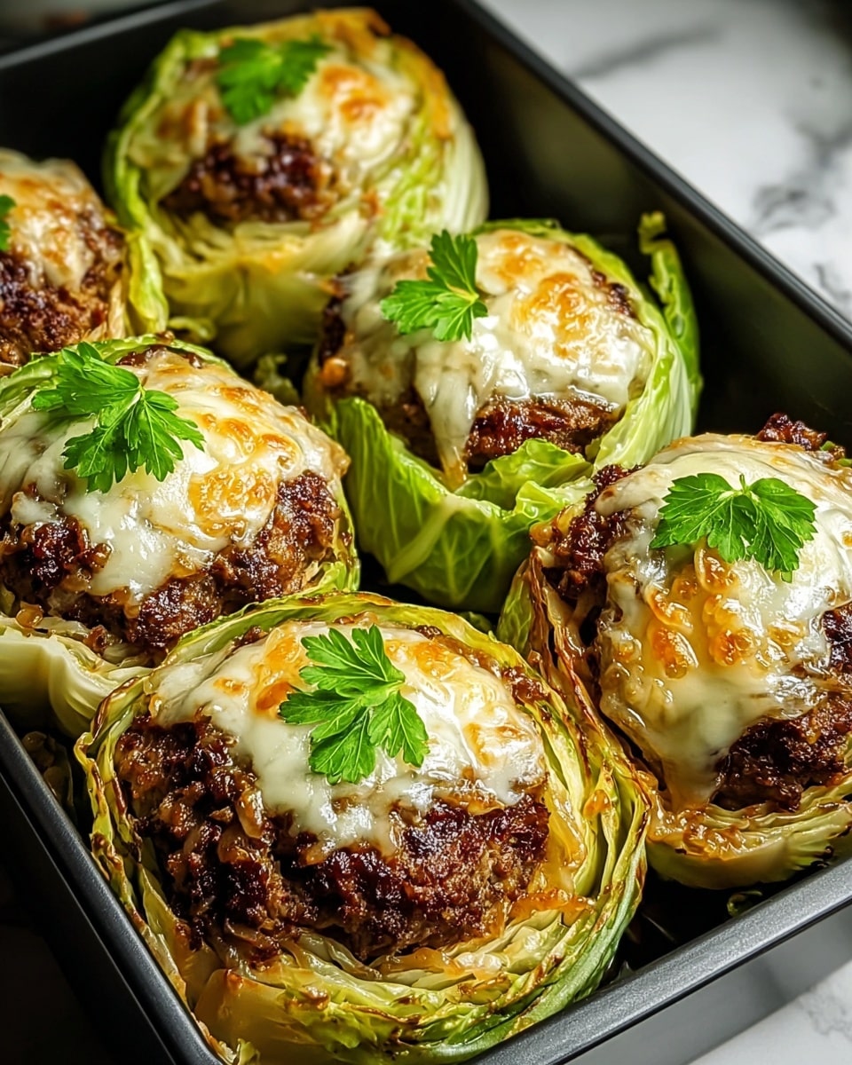 The dish shows five servings arranged closely on a black baking tray. Each serving has three clear layers: a bottom layer of thick, roughly cut cabbage pieces that are light green with browned, crispy edges; a middle layer of brown, well-cooked ground meat patties with a slightly uneven texture; and a top layer of melted cheese that is creamy white with golden-brown spots, smoothly covering the meat. Each serving is garnished with a small fresh green parsley leaf on top. The background is a white marbled texture. photo taken with an iphone --ar 4:5 --v 7