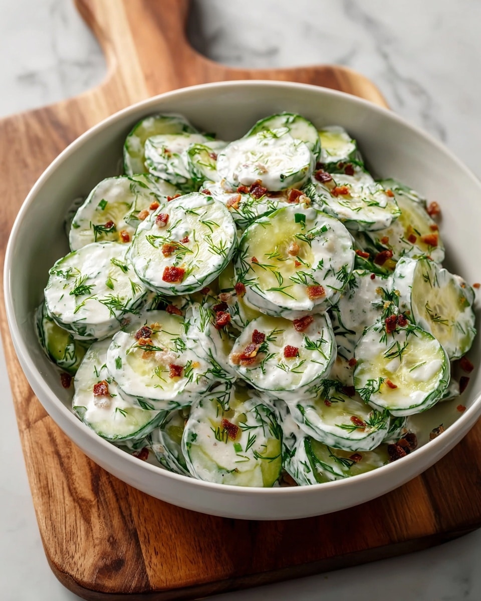 A bowl filled with a cucumber salad showing many thick, round slices of cucumber layered neatly, each slice coated evenly with a creamy white sauce that has small bits of fresh green herbs and tiny pieces of crispy reddish-brown bacon sprinkled on top. The cucumbers are light green and the cream sauce covers parts of each slice, making the salad look fresh and rich. The bowl is white and round, placed on a wooden board with a white marbled surface background. photo taken with an iphone --ar 4:5 --v 7