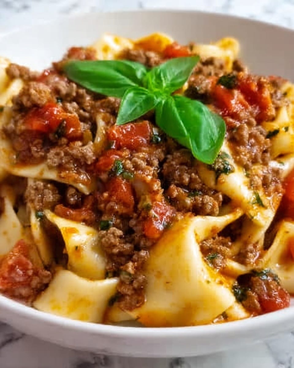 The image shows a close-up of a dish of pasta with wide, flat noodles that are creamy white and slightly curled. Mixed throughout the noodles are small pieces of cooked ground meat that are brown and crumbly, along with chunks of bright red tomatoes. There are also green chopped herbs or pesto spread unevenly across the dish, adding a fresh, textured look. On top, a few fresh basil leaves with deep green color sit as garnish. The dish is presented on a white plate on a white marbled surface. Photo taken with an iphone --ar 4:5 --v 7