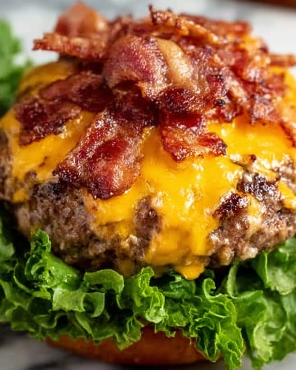 A close-up image of a thick burger patty topped with a layer of melted bright orange cheddar cheese that smoothly covers the meat, with several strips of crispy cooked bacon laid unevenly on top. Underneath the patty, fresh green spinach leaves peek out, adding a vibrant color contrast. The textures of the melted cheese are shiny and gooey, while the crispy bacon adds a rough, crunchy look. The background is a white marbled surface, and a woman's hand is gently holding part of the burger from the side. Photo taken with an iphone --ar 4:5 --v 7