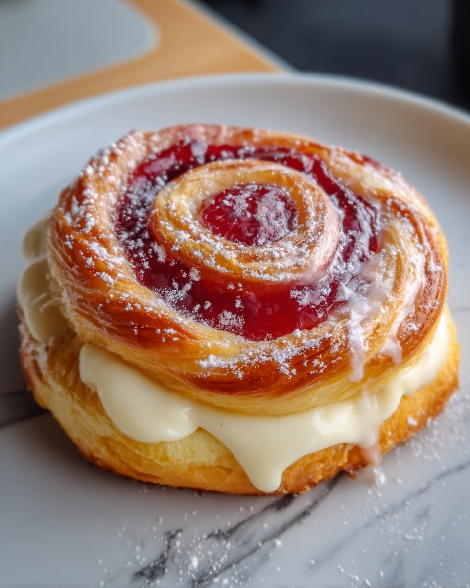 A single cinnamon roll sits on a white plate with a dark fork beside it, placed on a white marbled surface. The cinnamon roll has three visible layers: the golden-brown baked dough forms the base and outer spiral, shiny glaze covers the top layer with a light sprinkle of powdered sugar, and a thick layer of smooth white cream filling peeks out between the dough spirals. The glaze adds a shiny texture while the powdered sugar softly dusts the roll, making it look fresh and sweet. photo taken with an iphone --ar 4:5 --v 7