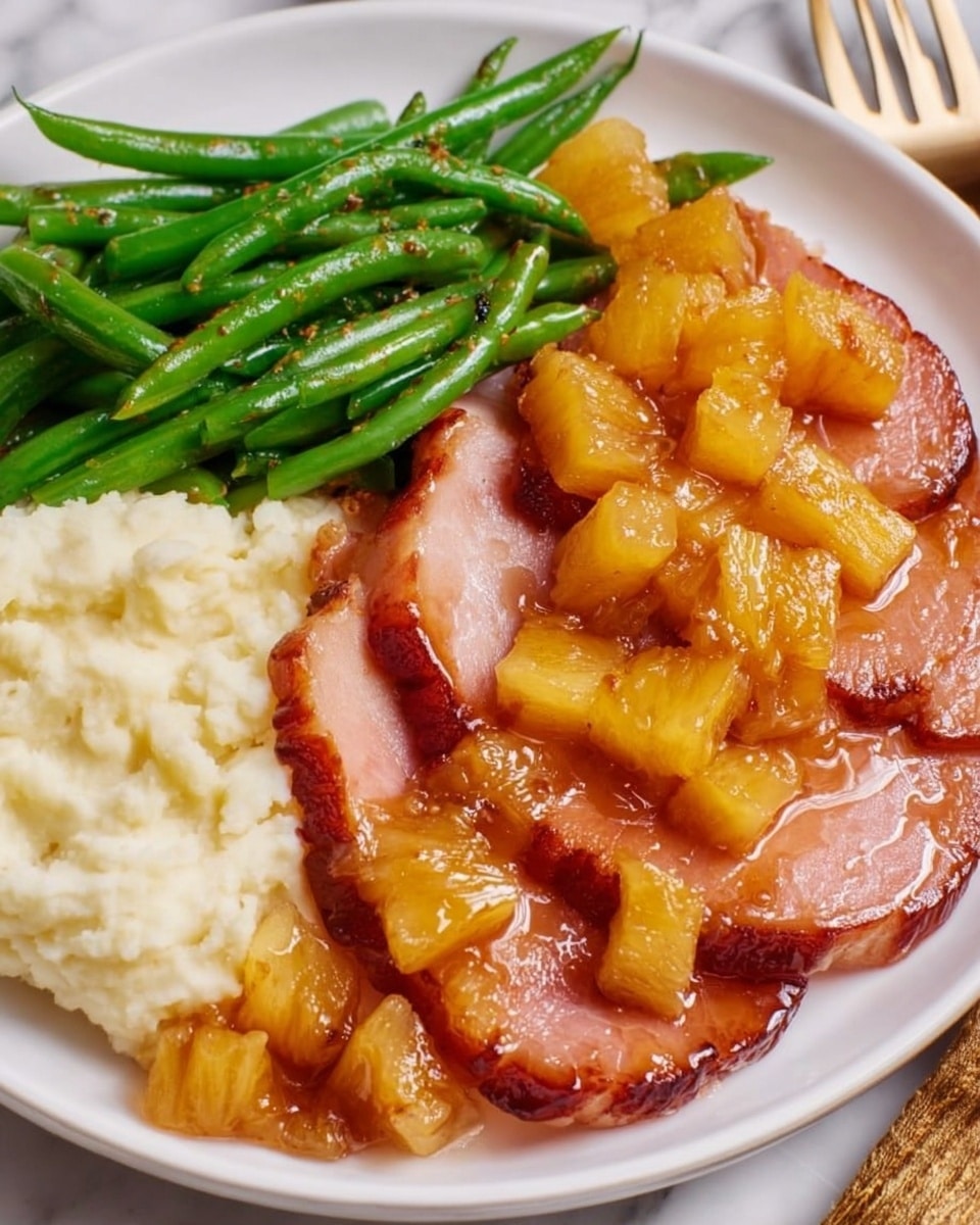 The image shows a white plate with three layers of sliced ham, covered with a shiny brown glaze and topped with many small, bright yellow pineapple chunks. To the left side of the ham, there is a scoop of creamy white mashed potatoes with a slightly lumpy texture. Above the mashed potatoes, there is a pile of bright green green beans with a smooth, fresh look. The plate is set on a white marbled surface, and a silver fork is visible in the top right corner. photo taken with an iphone --ar 4:5 --v 7