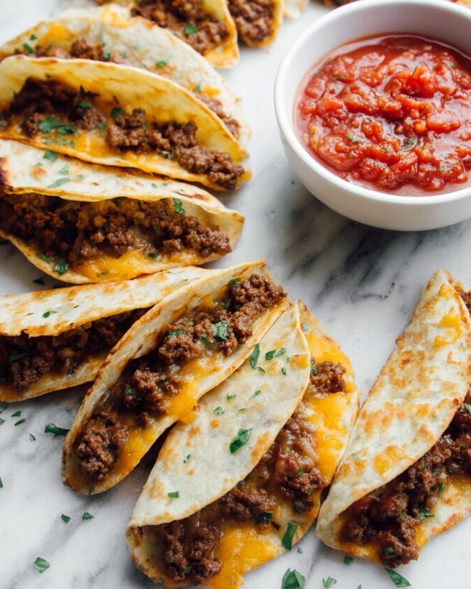 The image shows several tacos arranged on a white marbled surface with white parchment paper underneath. Each taco has one folded tortilla forming a shell, which is lightly golden and slightly crispy. Inside each tortilla, there is a layer of melted orange cheese directly on the base, topped with a thick layer of seasoned cooked ground beef with a crumbly texture. Small green herb bits are sprinkled on and around the tacos. To the top right, there is a small white bowl filled with chunky red salsa garnished with tiny green herbs. A woman's hand is slightly touching one taco on the left. Photo taken with an iphone --ar 4:5 --v 7