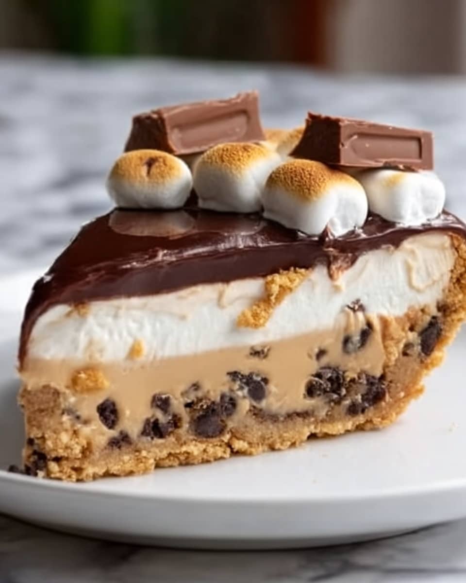 A close-up of a slice of pie placed on a white plate, showing four clear layers: the bottom layer is a light brown crust with a firm texture, above it is a thick layer of creamy cookie dough mixed with dark chocolate chips, followed by a smooth, light brown layer of caramel or toffee, topped with a glossy dark chocolate ganache. On top, there are several toasted marshmallows arranged in a row, each slightly browned on the edges, and pieces of chocolate tucked between them. The background is a white marbled surface. Photo taken with an iphone --ar 4:5 --v 7
