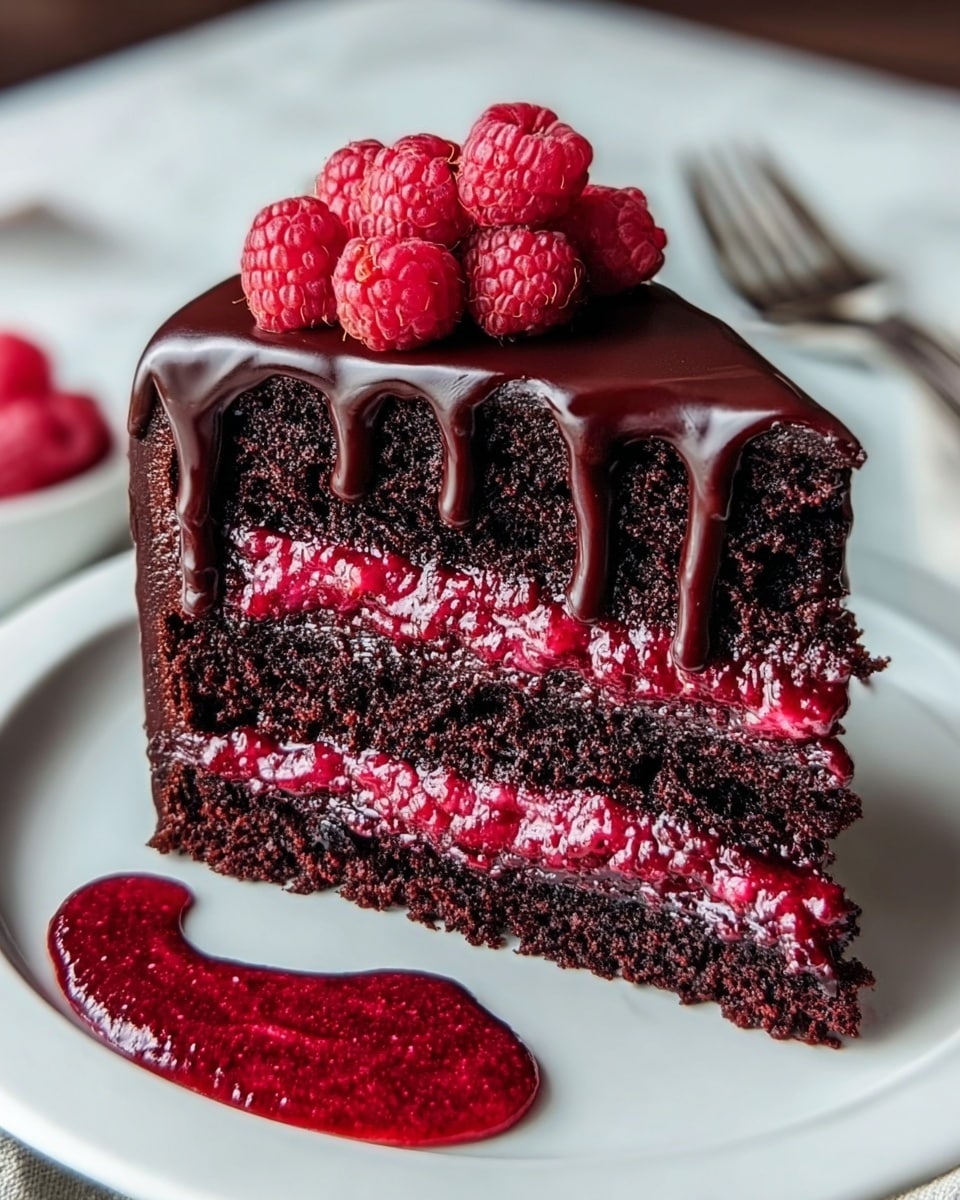 A close-up view of a three-layer chocolate cake slice on a white plate, each layer of dark chocolate sponge separated by thick, rich raspberry filling with a textured, slightly glossy appearance. The top layer is coated with shiny dark chocolate ganache that drips down the sides in smooth, thick streams. Several fresh red raspberries with a velvety texture are placed on top of the ganache. A small dollop of raspberry sauce rests on the plate in front of the cake. The background features a blurred, white marbled texture. photo taken with an iphone --ar 4:5 --v 7