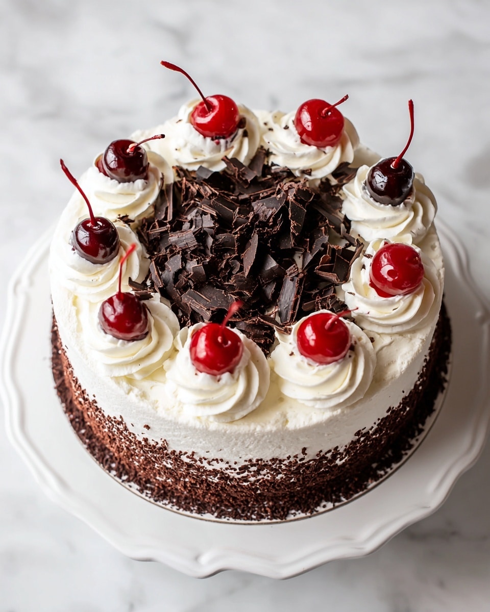 A round cake with three main layers: the bottom layer is a dark chocolate crumb coating around the sides, the middle layer is rich dark chocolate cake, and the top layer is smooth white cream covering the whole cake. On top, there are evenly spaced cream swirls around the edge, each topped with a bright red cherry. In the center of the cake, there is a pile of dark chocolate shavings with more cherries placed on and around them. The cake sits on a white plate with a decorative border, all placed on a white marbled texture surface. photo taken with an iphone --ar 4:5 --v 7