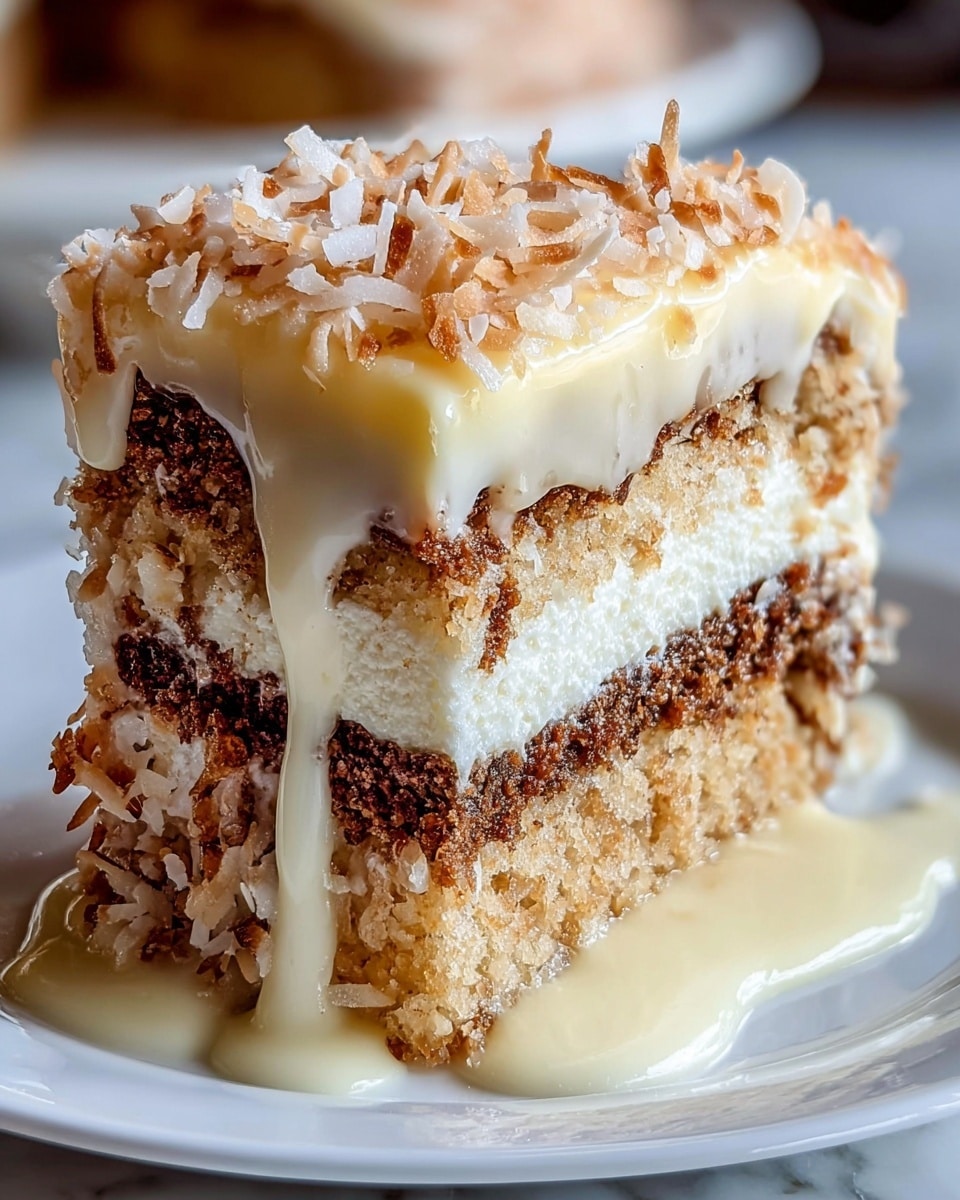 A slice of layered cake sits on a white plate, resting on a white marbled surface. The cake has three main layers: a light golden-brown crumbly base, a thick creamy white middle filling, and another crumbly layer similar to the base. The top layer is covered with shiny pale yellow glaze that drips down the side, mixing with the cake’s crumbly texture. Toasted white coconut flakes are sprinkled generously on top and along the sides of the cake, adding texture and a light tan color contrast. Photo taken with an iphone --ar 4:5 --v 7