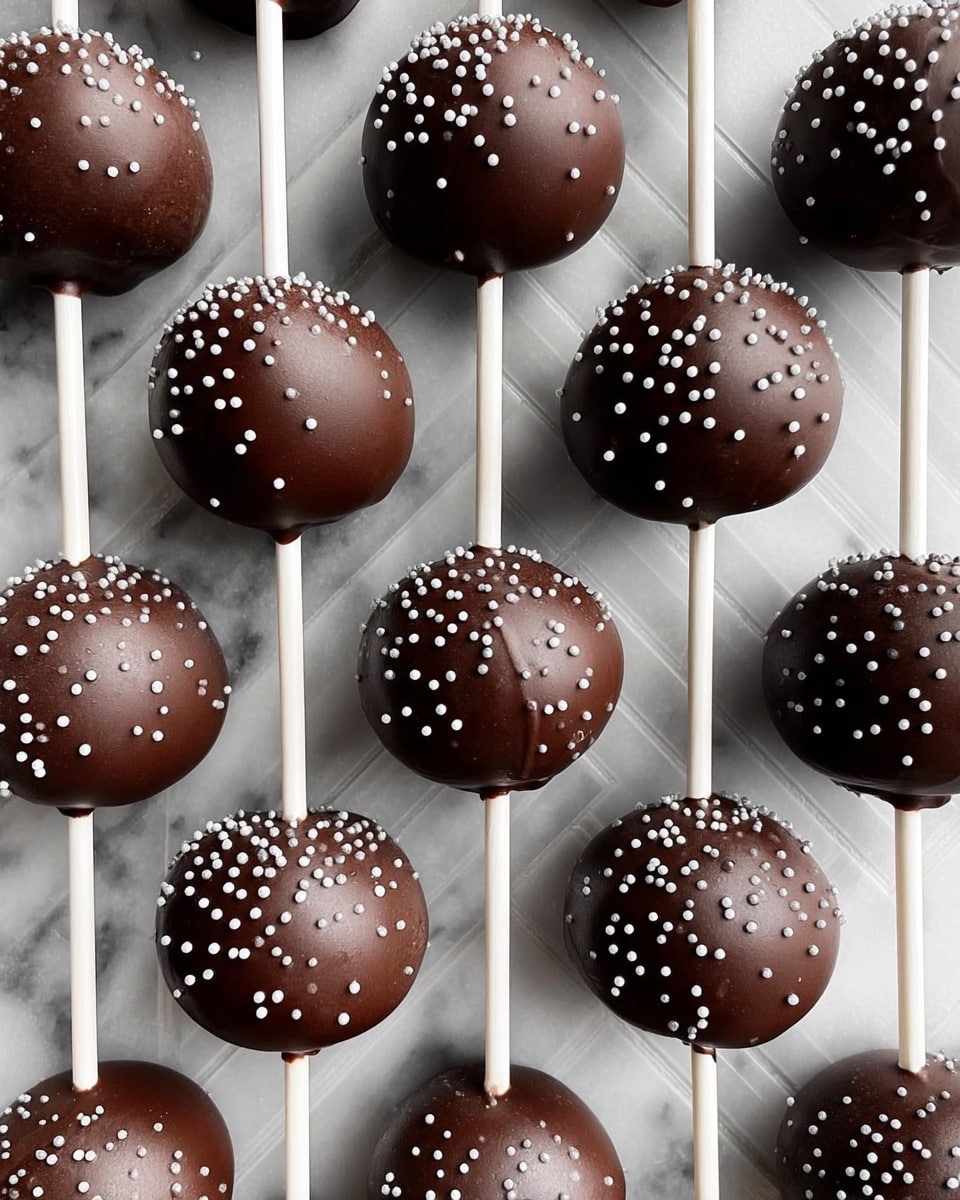 A close-up view shows many round cake pops, each covered in smooth dark chocolate that forms a shiny, even layer, dotted with small white round sprinkles scattered randomly but evenly on the surface. Each cake pop is attached to a white stick, and they are arranged in neat rows on a white marbled textured surface with a subtle herringbone pattern visible beneath them. The cake pops have a rich, glossy finish with slight drips of chocolate at the bottom edges, adding to their handmade look. photo taken with an iphone --ar 4:5 --v 7