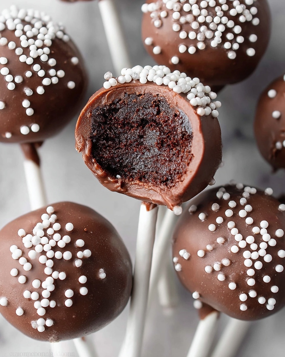 The image shows several chocolate cake pops with a smooth, glossy chocolate coating. Each cake pop is covered with small, round white sprinkles scattered evenly on the surface. One cake pop is bitten, revealing a rich, moist, dark chocolate cake inside. The cake has a dense, crumbly texture, and the chocolate coating forms a thin shell around it. The cake pops are arranged on a white marbled surface, with the bitten one resting on a white stick positioned in the center. photo taken with an iphone --ar 4:5 --v 7