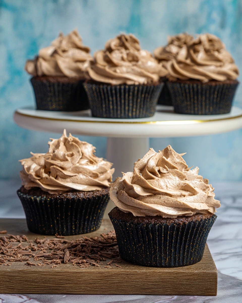 Four chocolate cupcakes are lined up diagonally on a light wooden board with chocolate shavings scattered around. Each cupcake has a single thick layer of dark brown cake topped with a large, swirled, light brown frosting layer with a ruffled texture and some fine chocolate sprinkles. In the background, more cupcakes sit on a white plate with a short clear stand, on a white marbled surface. The photo focuses sharply on the closest cupcake, with the rest softly blurred. photo taken with an iphone --ar 4:5 --v 7