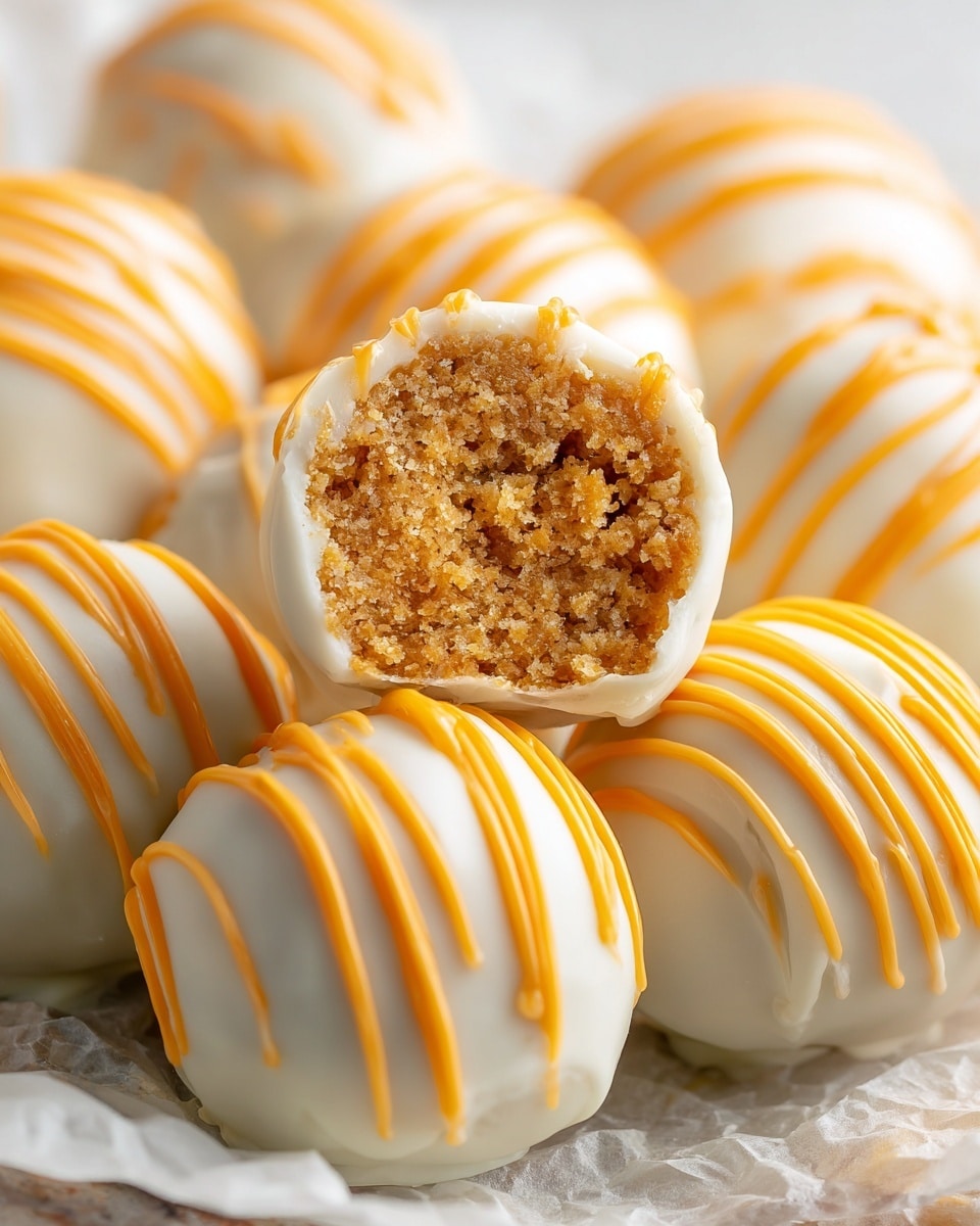 The image shows a group of round truffles with three distinct layers. The outermost layer is smooth and white, covered with thin orange drizzle lines that create a striped pattern all over. Inside, a moist, coarse-textured golden brown cake layer is visible where one truffle is bitten, showing a crumbly yet dense texture. These truffles rest together closely on a white marbled surface, creating a warm and inviting look. photo taken with an iphone --ar 4:5 --v 7