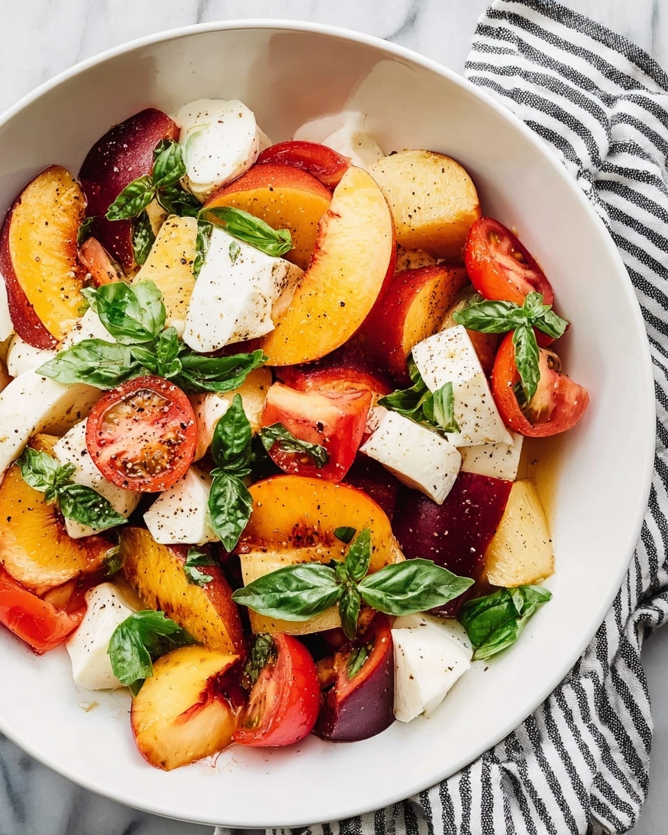 A white bowl filled with a bright salad made of three main layers: large chunks of red tomatoes with a smooth texture, juicy yellow and red peach slices with a slightly glossy skin, and irregular pieces of white mozzarella cheese showing a soft, creamy texture. Fresh green basil leaves are scattered on top, adding a layer of vibrant green color. The salad is lightly seasoned with coarse black pepper and small bits of sea salt, creating a slight speckled look across the dish. The bowl rests on a white marbled surface next to a black and white striped cloth. Photo taken with an iphone --ar 4:5 --v 7