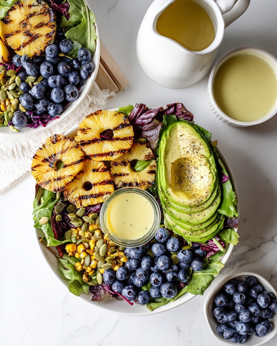 The image shows a white bowl filled with fresh salad layers. The bottom layer is mixed green leaves with hints of purple, bright and fresh, then on one side are thick slices of grilled pineapple with dark char marks. Next to the pineapple is half an avocado sliced thinly with a smooth green texture and light black pepper sprinkled on it. Scattered across the greens are small golden brown grilled corn kernels and green pumpkin seeds. Fresh blueberries are spread and piled slightly on the salad. At the top left of the bowl is a small glass container filled with light yellow dressing. The bowl is placed on a wooden board with a white marbled textured background. Nearby is a small white bowl filled with blueberries and a white pitcher with light yellow dressing. photo taken with an iphone --ar 4:5 --v 7