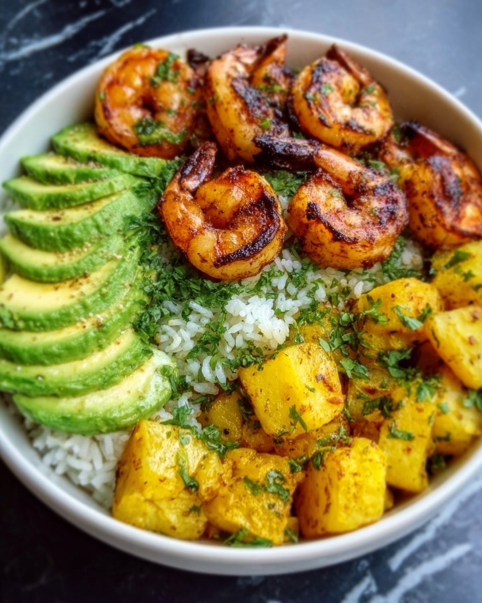 A white bowl filled with a base layer of white rice topped with three sections of food: on the left, sliced green avocado; in the center, grilled shrimp with a golden brown and slightly charred texture; on the right, diced golden-yellow roasted sweet potatoes sprinkled with green herbs; and finely chopped green onions sprinkled across the dish. The bowl is placed on a white marbled surface. photo taken with an iphone --ar 4:5 --v 7