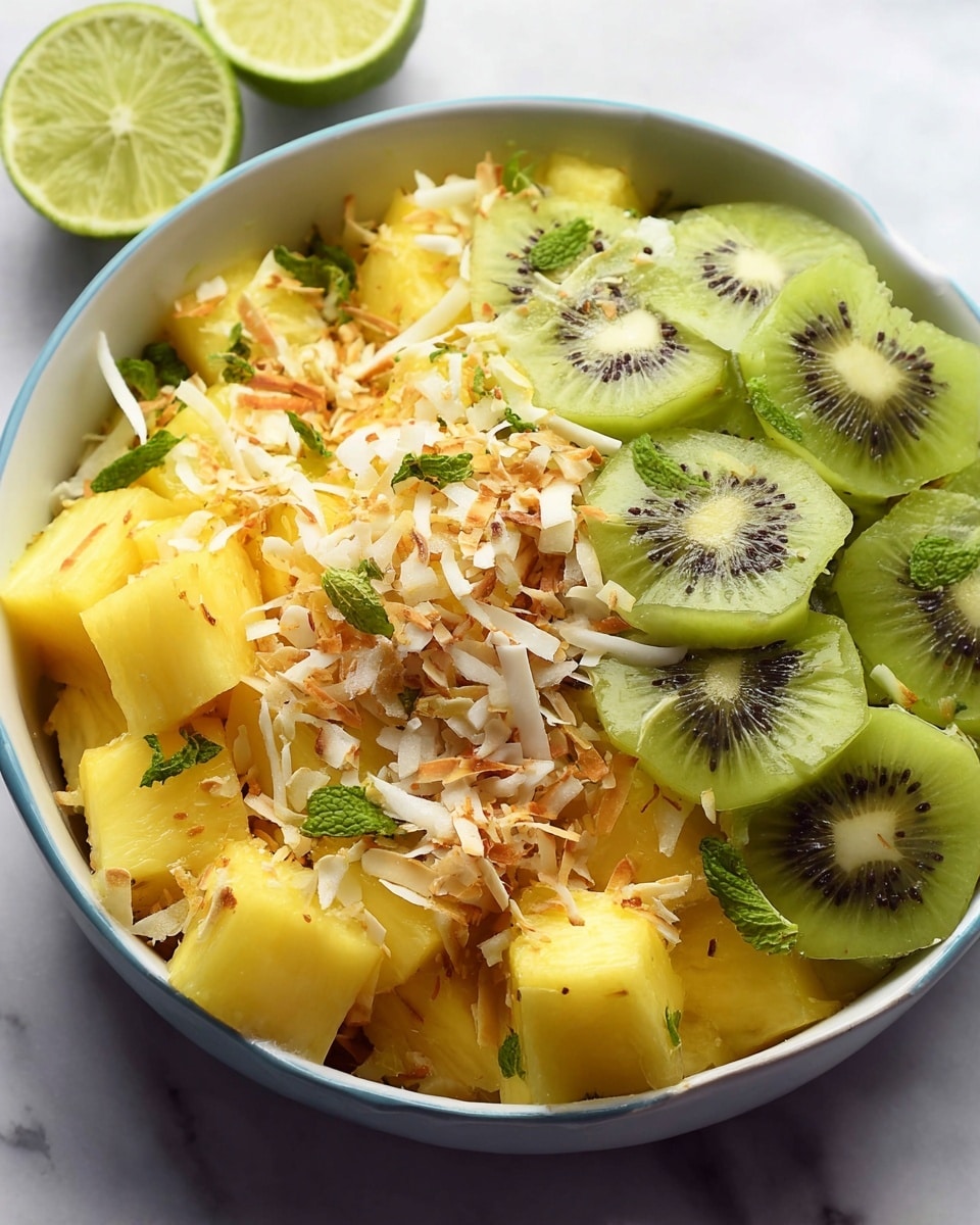 A white bowl is filled with layers of bright yellow pineapple chunks and green kiwi slices, each kiwi slice showing its small black seeds and translucent green flesh. The fruit pieces are mixed with thin, light brown toasted coconut flakes and small green mint leaves scattered evenly on top, adding texture and fresh color. The bowl is placed on a white marbled surface, with two lime halves nearby adding a hint of freshness to the scene. photo taken with an iphone --ar 4:5 --v 7