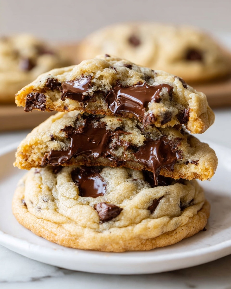 A stack of three chocolate chip cookies sits on a white plate on a white marbled surface, with the top two cookies broken in half to reveal gooey melted dark brown chocolate chips inside. The cookies have a golden-brown edge with a soft, chewy center dotted with large, shiny chocolate chips that slightly drip. The overall texture looks soft and moist, with crispy edges and a slightly cracked top. Photo taken with an iphone --ar 4:5 --v 7