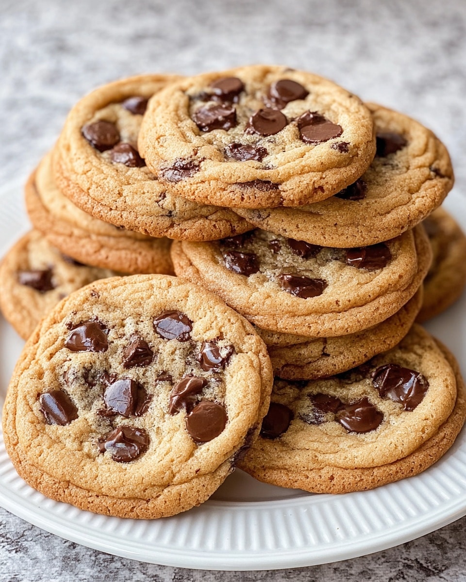 A white plate holds a stack of nine round chocolate chip cookies, each with a golden-brown edge and a soft, light brown center filled with semi-melted dark chocolate chips that glisten. The cookies slightly overlap each other, showing their uneven, textured surfaces with some chips melting into the dough. The plate rests on a white marbled surface with a subtle shine, and the image highlights the cookies' chewy and gooey texture close-up. photo taken with an iphone --ar 4:5 --v 7