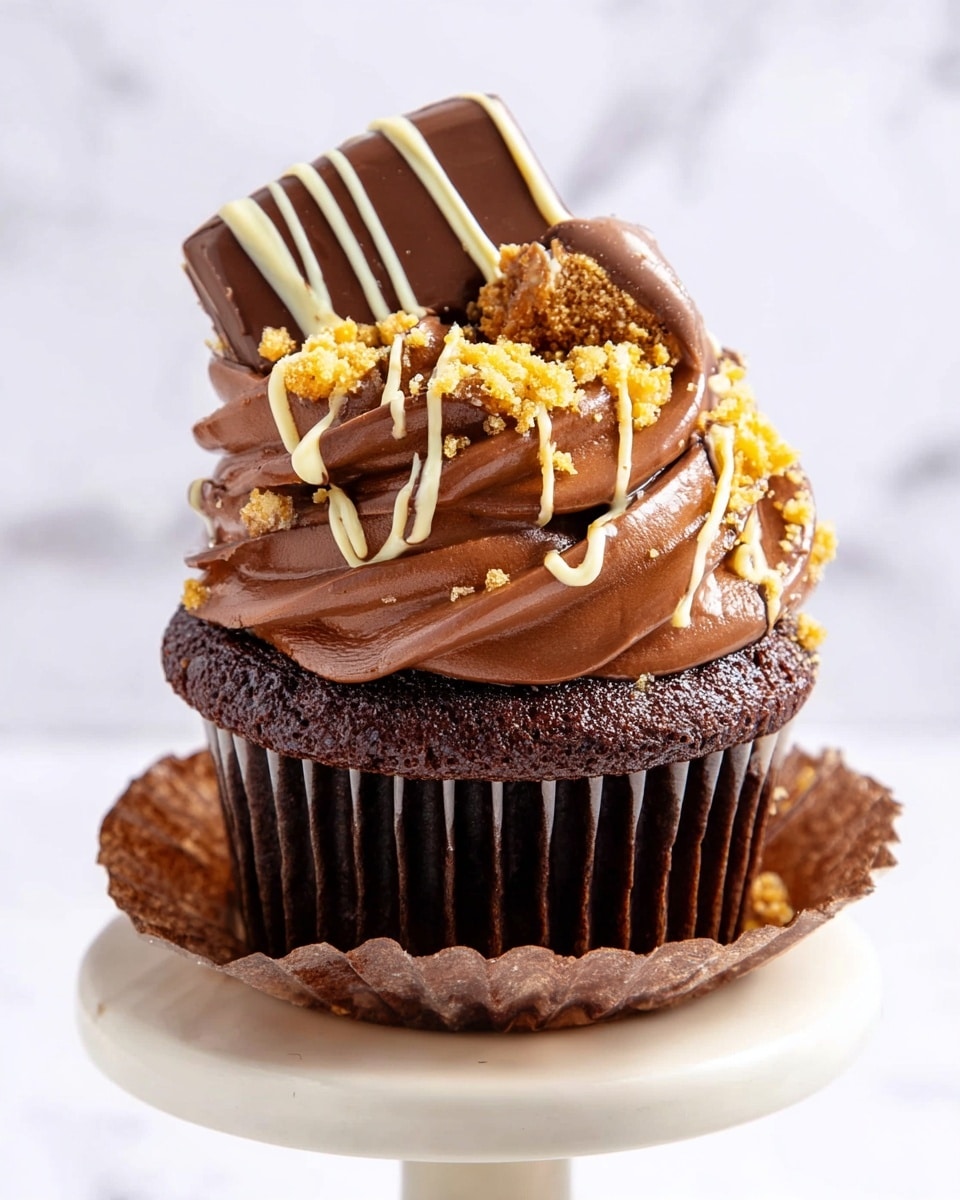 A chocolate cupcake with a dark brown base textured with small crumbs, sitting partially in a peeled-back brown paper liner on a small white dish. On top, a thick swirl of light brown chocolate frosting is decorated with smooth dark brown and white cream drizzles in wavy lines. Crumbled yellow bits are sprinkled near the top, holding a small piece of milk chocolate with thin dark chocolate stripes, placed slightly tilted. The background is a clean white marbled texture. photo taken with an iphone --ar 4:5 --v 7