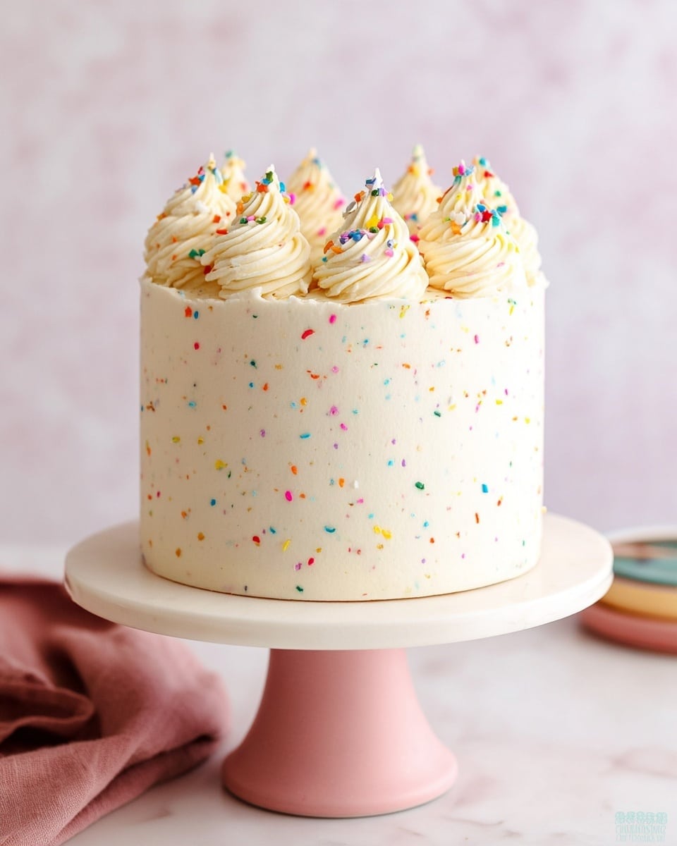 A small, tall round cake with white frosting is covered with tiny colorful sprinkles scattered throughout the smooth surface. On top, eight swirls of creamy white frosting are evenly placed in a circle, each swirl topped with a few rainbow sprinkles. The cake sits on a pink cake stand with a smooth base, all set against a white marbled background. Photo taken with an iphone --ar 4:5 --v 7