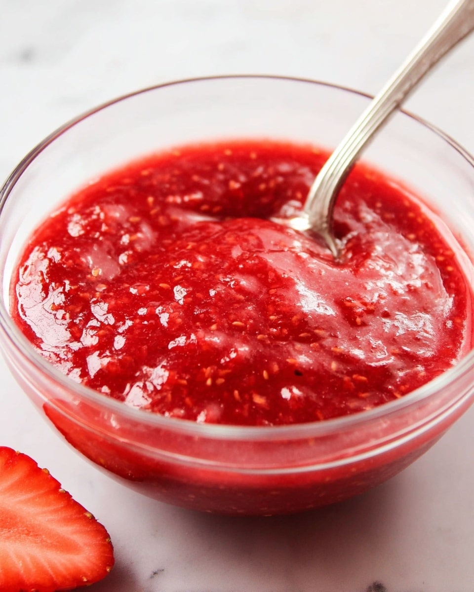 A clear glass bowl filled with a thick, bright red strawberry sauce that has a glossy and slightly chunky texture, showing small bits of strawberries throughout. A silver spoon sits inside the bowl on the right side, partially dipping into the sauce. Around the bowl, there are fresh halved strawberries resting on a white marbled surface in a softly lit setting. photo taken with an iphone --ar 4:5 --v 7