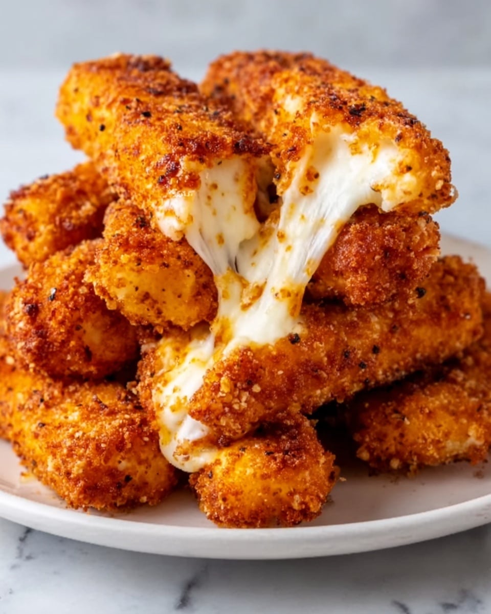 The image shows a stack of crispy, golden-brown fried cheese sticks on a white plate, placed on a white marbled surface. The fried sticks have a rough, crunchy outer layer with a rich orange-brown color from the breading, and one stick is broken open in the center, revealing melted white cheese stretching out smoothly. The cheese looks soft and gooey, contrasting with the crunchy coating. The sticks are piled naturally, showing the texture and color well. Photo taken with an iphone --ar 4:5 --v 7