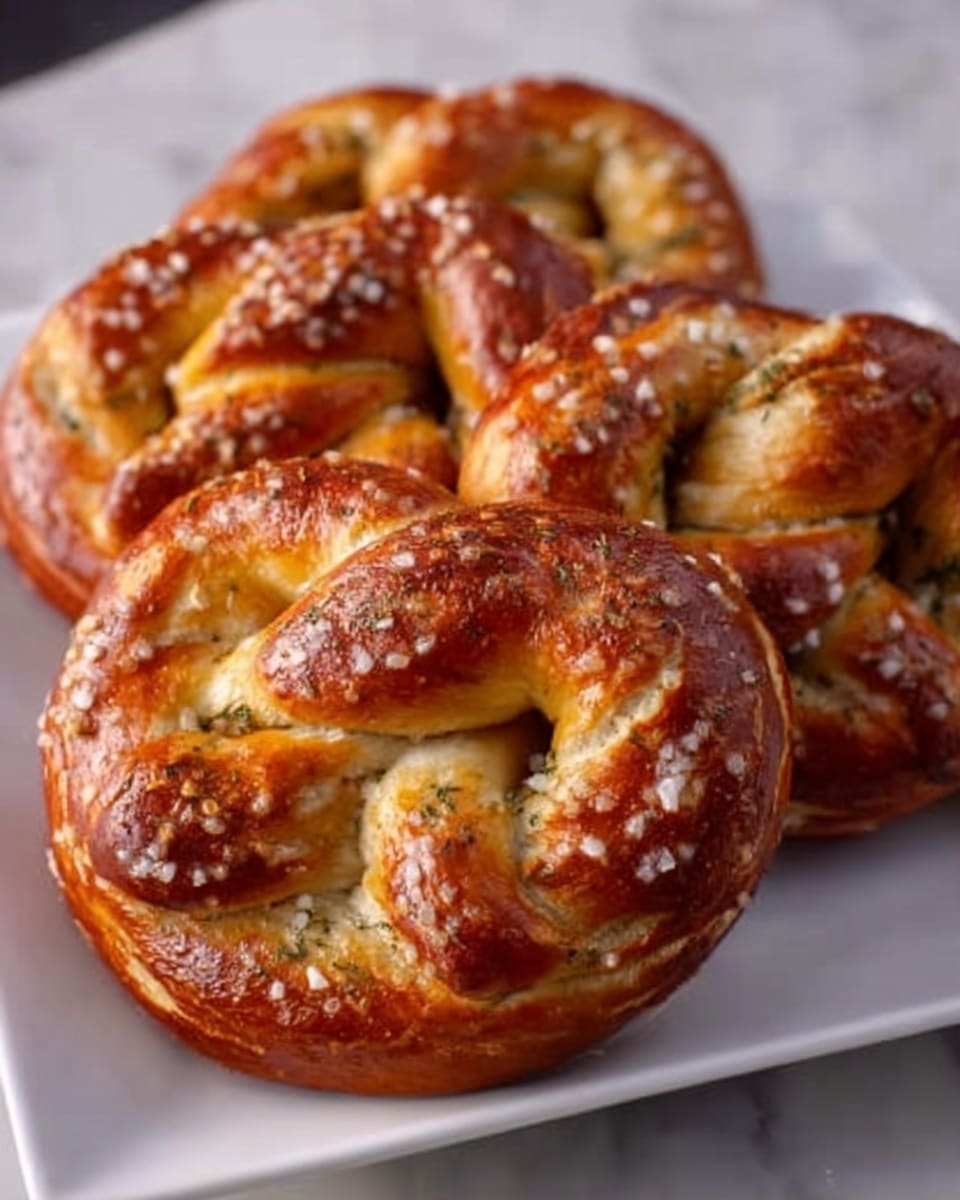 The image shows a close-up of three soft pretzels placed side by side on a white square plate. Each pretzel has a shiny golden-brown crust sprinkled with coarse white salt pieces. The twisted shape of the pretzels reveals small cracks and a slightly rough texture on the surface. The background is a white marbled surface, slightly blurred to keep focus on the pretzels. The lighting highlights the glossy crust, making the pretzels look fresh and warm. photo taken with an iphone --ar 4:5 --v 7