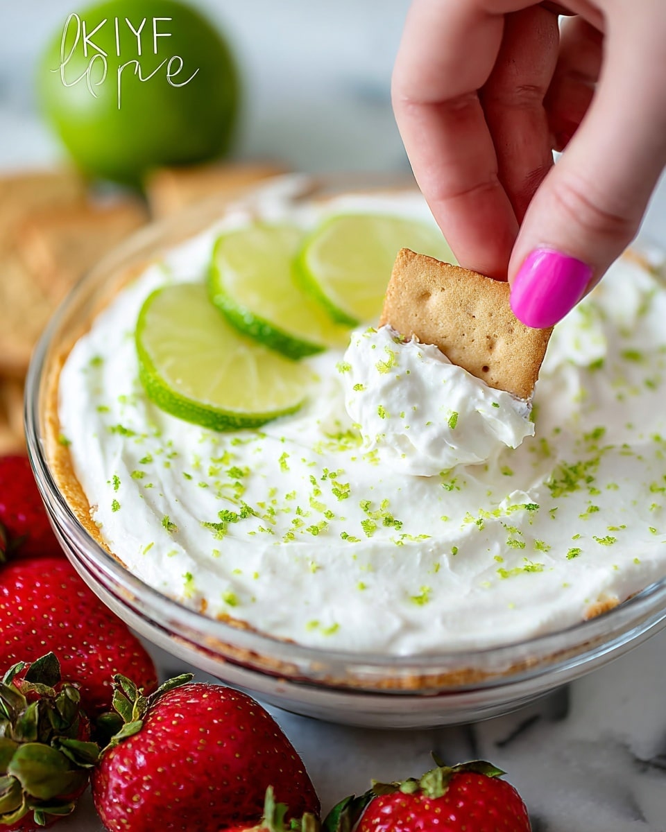 A clear glass bowl filled with a white creamy key lime pie dip sprinkled with small bright green lime zest across the top. Three thin lime slices with a mix of light green and yellow tones rest on the inner side of the bowl, slightly submerged in the dip. A woman's hand with light pink nail polish is holding a light brown rectangular graham cracker dipper, with dip coating one edge. The bowl is placed on a white marbled surface surrounded by fresh red strawberries, some whole and some halved, adding a contrasting color. The image has soft natural lighting and a clean, fresh look. Photo taken with an iphone --ar 4:5 --v 7