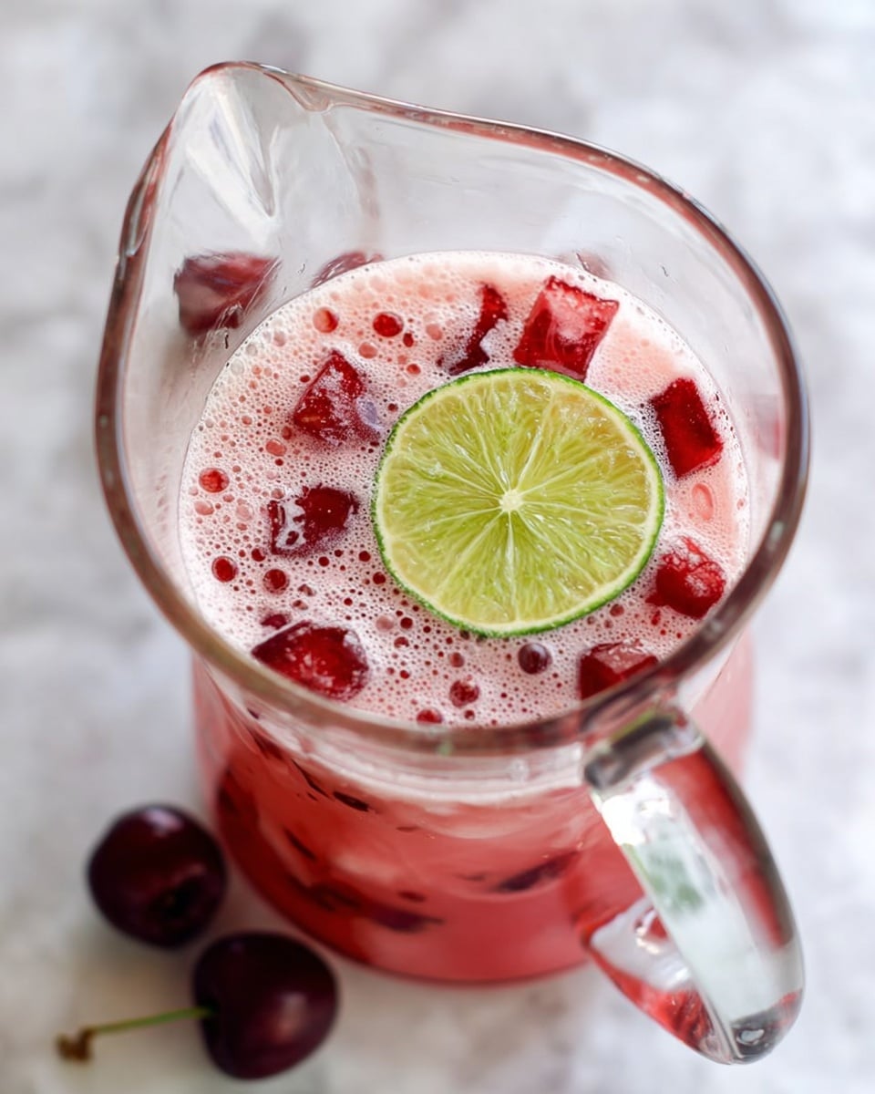 A clear glass pitcher filled with a bright pink drink that has a foamy texture on top, mixed with many irregular red ice cubes floating within; at the center of the drink, there is a thick slice of lime showing a light green and white inside with a darker green rind, all placed on a white marbled surface with two dark red cherries nearby, the pitcher handle is visible and clear. photo taken with an iphone --ar 4:5 --v 7