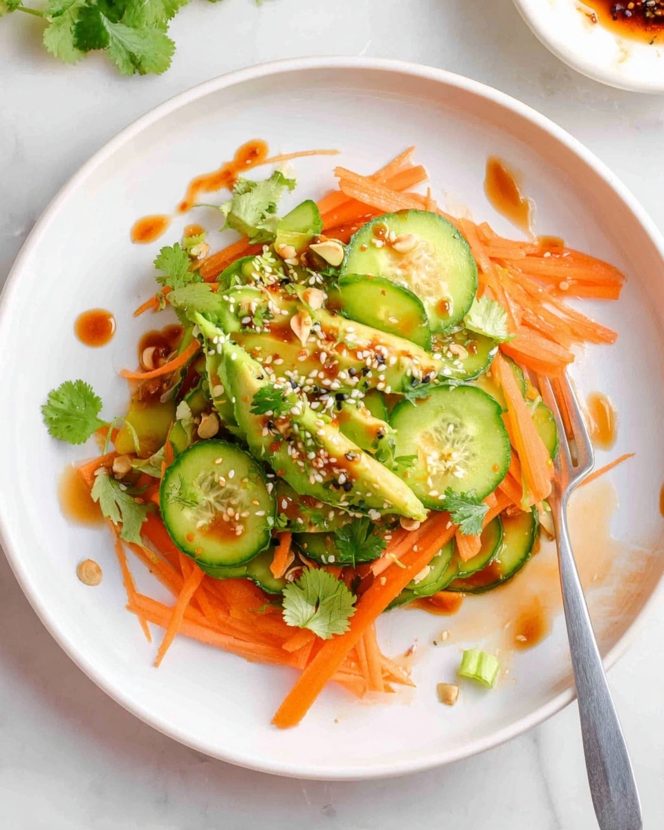 A white round plate holds a fresh cucumber and carrot salad with two main layers: the bottom layer is thin, bright orange carrot sticks arranged loosely, topped by round, translucent green cucumber slices with some green onion slices scattered among them. The salad is drizzled with a light brown dressing and sprinkled with white and black sesame seeds, and small green herb leaves. A gold fork rests at the bottom right edge of the plate on a white marbled surface. photo taken with an iphone --ar 4:5 --v 7