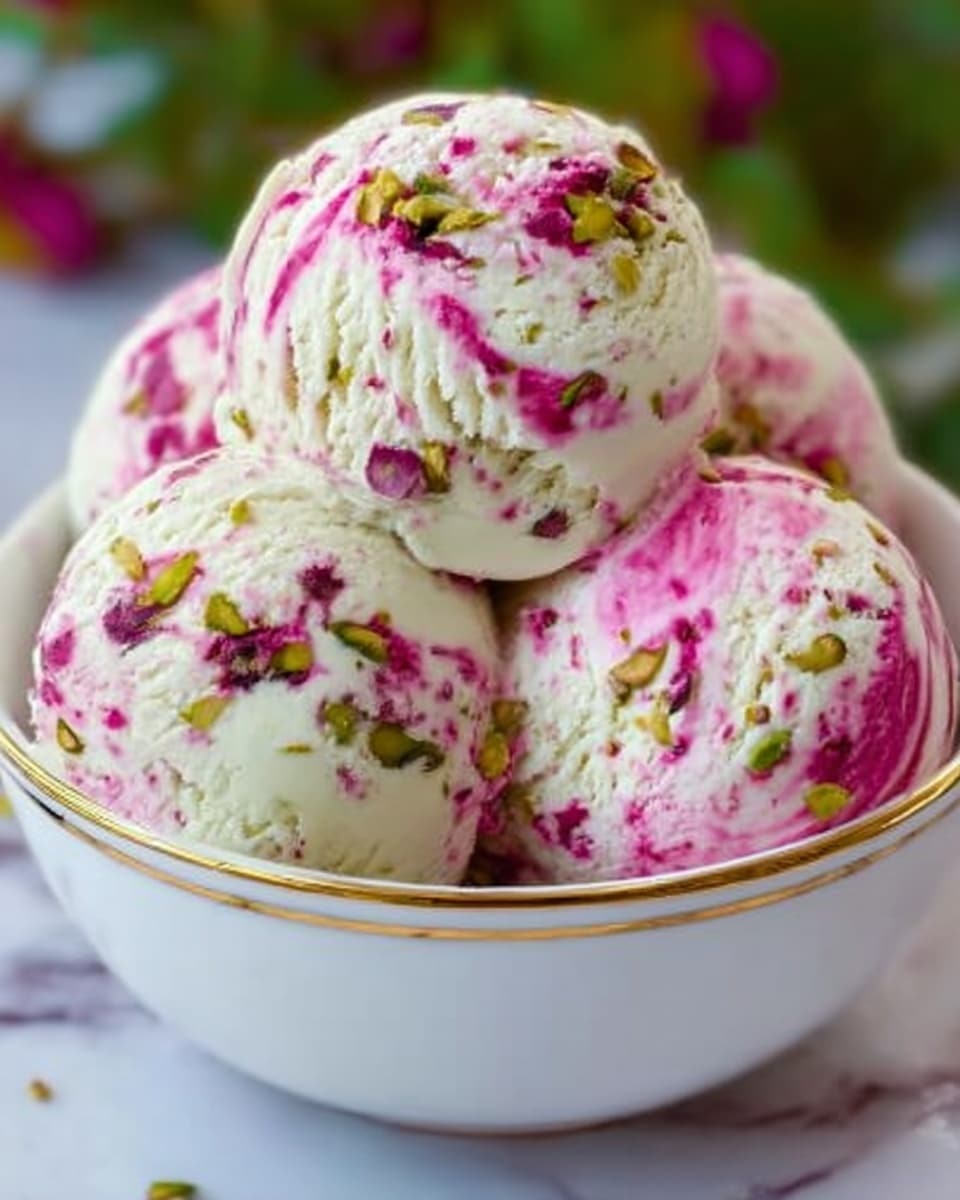 The image shows a white bowl with a gold rim filled with four large scoops of creamy white ice cream. Each scoop is studded with green pistachio pieces and swirls of bright pink color that look like fruit or syrup mixed into the ice cream. The texture of the ice cream appears smooth and soft, with the pink swirls creating a marbled effect on the surface. The bowl sits on a white marbled surface with blurred green foliage in the background, giving a fresh and natural feel. Photo taken with an iphone --ar 4:5 --v 7