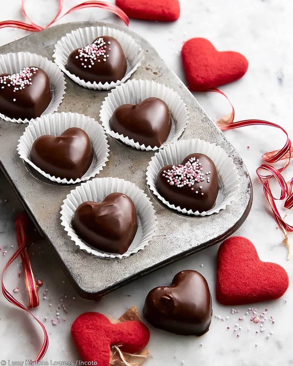 The image shows a vintage metal muffin tray holding seven heart-shaped chocolate treats, each placed in a white paper cup. The hearts are smooth, shiny, and dark brown, with four of them decorated with small round white and pink sprinkles. Surrounding the tray on a white marbled surface are additional heart-shaped chocolates, some plain and some decorated with red velvet-like texture. Two large red heart decorations with white and red ribbons lie beside the tray, adding a festive touch. The overall look is neat and charming with soft lighting emphasizing the glossy texture of the chocolates. photo taken with an iphone --ar 4:5 --v 7