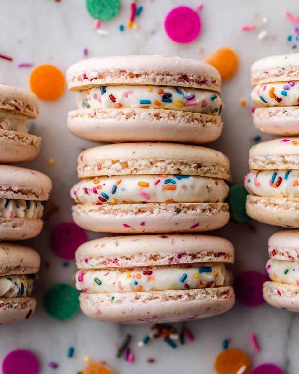 The image shows a row of pastel pink macarons with a smooth, slightly rounded top shell and a ruffled bottom edge. Each macaron is made of two light pink cookie layers with a creamy white filling in between, speckled with small colorful confetti pieces in red, blue, yellow, green, and orange. The macarons are closely lined up on a white marbled surface scattered with flat, round confetti in bright colors like red, orange, green, purple, and pink, adding a festive touch. The focus is on the middle macarons, making the background and foreground softly blurred for a delicate, inviting look. Photo taken with an iphone --ar 4:5 --v 7
