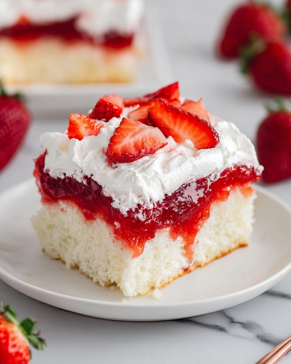 A square piece of cake is shown on a white plate, set against a white marbled surface. The cake has three layers: a bottom light yellow sponge cake layer with a soft texture, a middle glossy red strawberry jelly layer that looks a little runny and seeps slightly into the sponge, and a top thick white whipped cream layer with a smooth, fluffy texture. On top of the whipped cream, several fresh sliced strawberries are scattered, their bright red color and seeds clearly visible. In the background, more strawberry slices and additional plates with similar cake pieces are visible but blurred. Photo taken with an iphone --ar 4:5 --v 7
