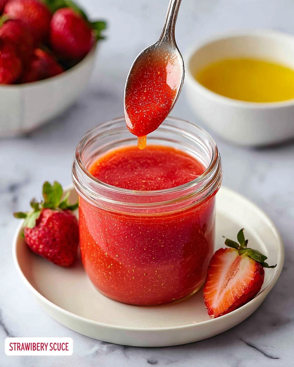 A clear glass jar filled to the top with smooth, bright red strawberry sauce with a shiny texture. A metal spoon is dipping into the jar, holding a thick scoop of the sauce that drips slightly back into the jar. Around the jar on a white marbled surface are whole and cut fresh strawberries with green tops adding contrast. In the background, there is a white bowl with a yellow liquid slightly out of focus. photo taken with an iphone --ar 4:5 --v 7