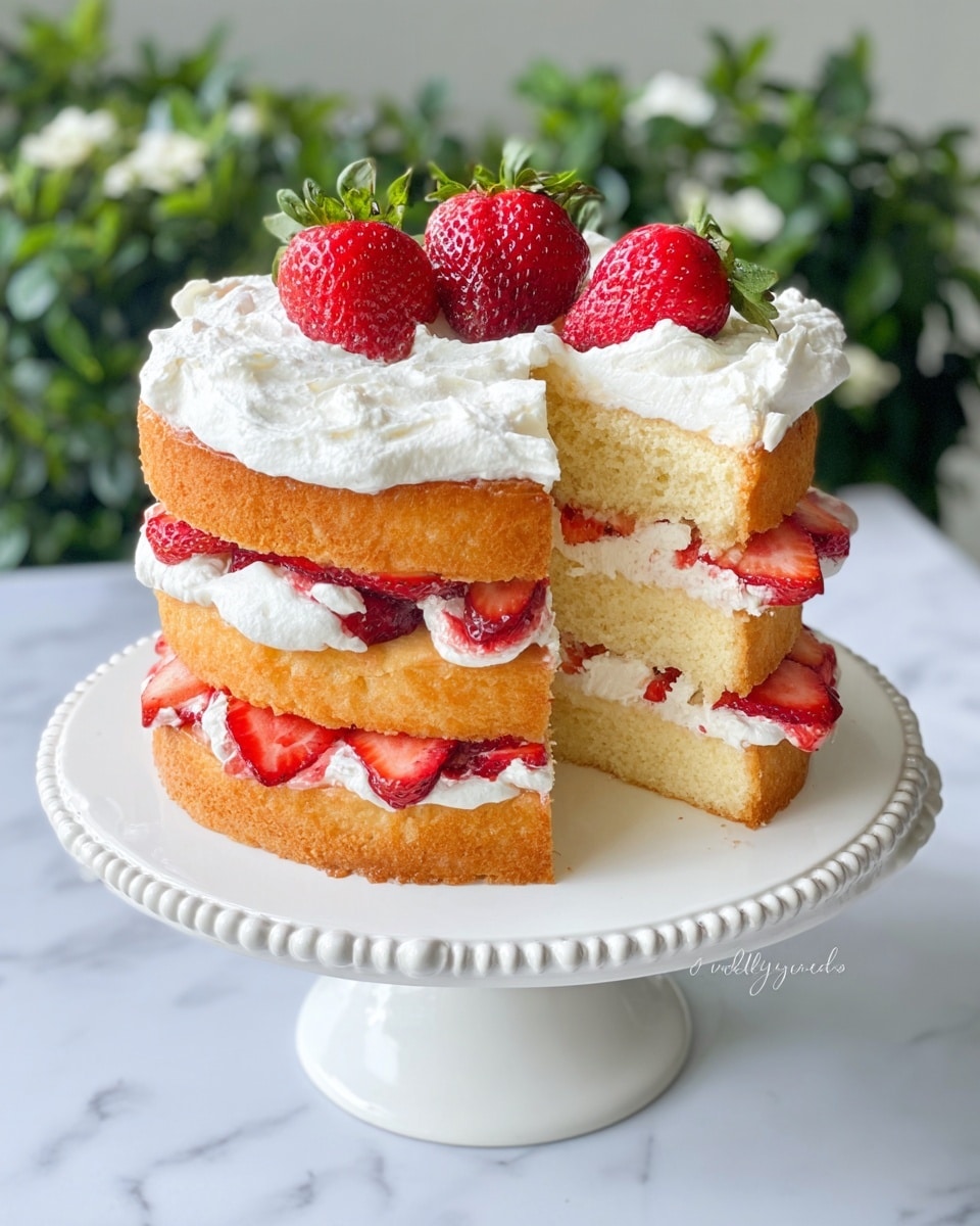 A three-layer vanilla sponge cake is shown with thick white whipped cream spread between each layer, along with sliced red strawberries peeking out between the cream. The cake is topped with more whipped cream and a circle of sliced strawberries surrounding a whole strawberry in the center. A slice is cut out, revealing the cake’s light yellow inside and the alternating layers of cream and strawberries. The cake sits on a white cake stand with a beaded edge, placed on a white marbled surface with green plants in the blurred background. photo taken with an iphone --ar 4:5 --v 7