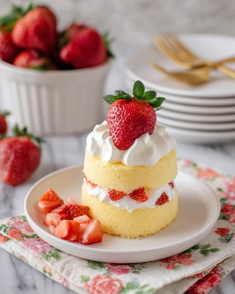 A small layered dessert sits on a white plate placed on a white marbled surface with a floral cloth underneath. The dessert has three main layers: the bottom and middle layers are two thick, soft, yellow sponge cake rounds. Between the sponge cakes, there is a thick layer of white whipped cream mixed with chopped red strawberries that peek out slightly. On top of the second sponge cake is another dollop of smooth whipped cream, crowned with a whole bright red strawberry with its green top still attached. To the side of the plate, more diced strawberries add a fresh touch. In the background, a white bowl filled with whole strawberries and stacked white plates with a gold fork are slightly out of focus. photo taken with an iphone --ar 4:5 --v 7