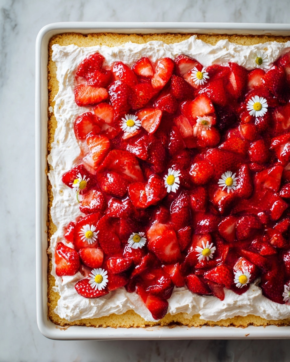 This image shows a dessert with three clear layers on a baking tray. The bottom layer is a light golden-brown cake with a soft texture. The middle layer is thick white whipped cream spread evenly over the cake, fluffy and smooth. The top layer is a generous amount of sliced fresh strawberries, bright red and juicy, laid out in a dense and colorful pattern. Small white and yellow edible flowers are scattered among the strawberries, adding a delicate touch. The tray is placed on a white marbled surface. photo taken with an iphone --ar 4:5 --v 7