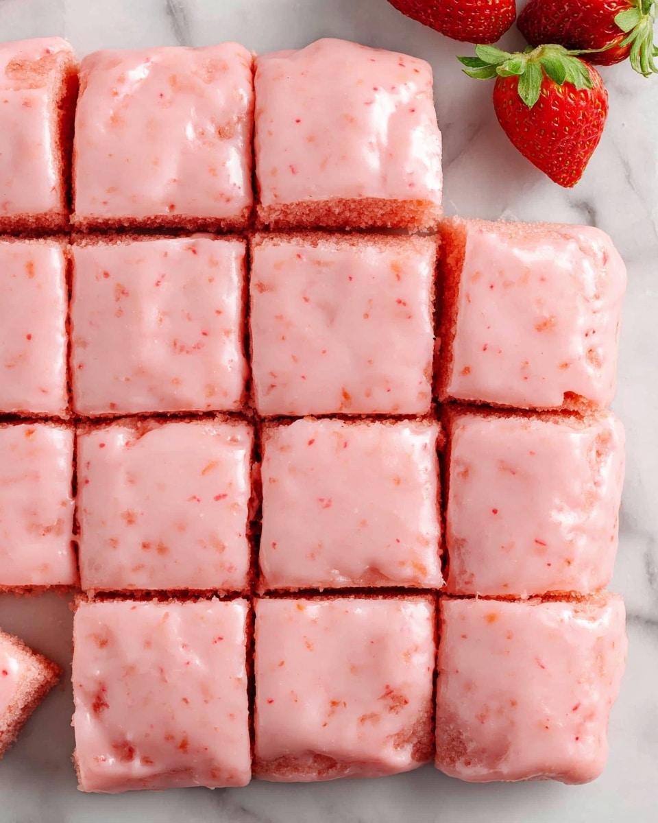 A square pink cake cut into 16 equal pieces sits on a white marbled surface. The cake has a smooth, slightly glossy pink frosting with small darker pink specks all over, covering a pink sponge layer beneath. The cut edges of the cake show the soft texture inside, and two fresh strawberries with green tops rest in the corner of the frame. photo taken with an iphone --ar 4:5 --v 7