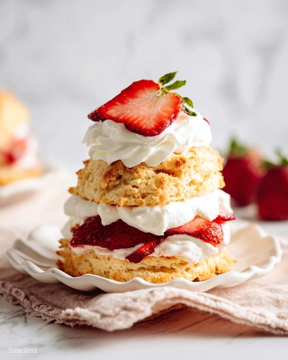 A shortcake dessert sits on a white scalloped plate with a white marbled textured background. The bottom layer is a golden-brown crumbly biscuit. Above it is a layer of bright red sliced strawberries mixed with white whipped cream. On top of this is the top half of the biscuit, golden and rough textured. More white whipped cream is piled on top, crowned with two halved strawberries showing their red flesh and green tops. The image is soft and bright, focusing closely on the layered dessert. Photo taken with an iphone --ar 4:5 --v 7