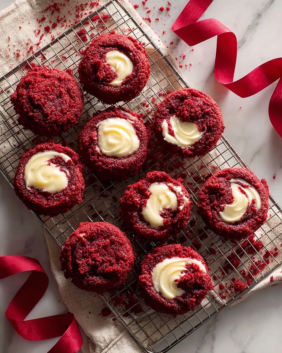 A set of twelve small round red velvet cupcakes arranged in a metal cooling rack, each cupcake showing a rich deep red color with a moist, textured surface. The top layer of each cupcake has a glossy white cream cheese filling that appears slightly melted and marbled into the red cake. The cupcakes sit on a white cloth, scattered with red crumbs, and a red ribbon curls beside them, all resting on a white marbled surface. Photo taken with an iphone --ar 4:5 --v 7